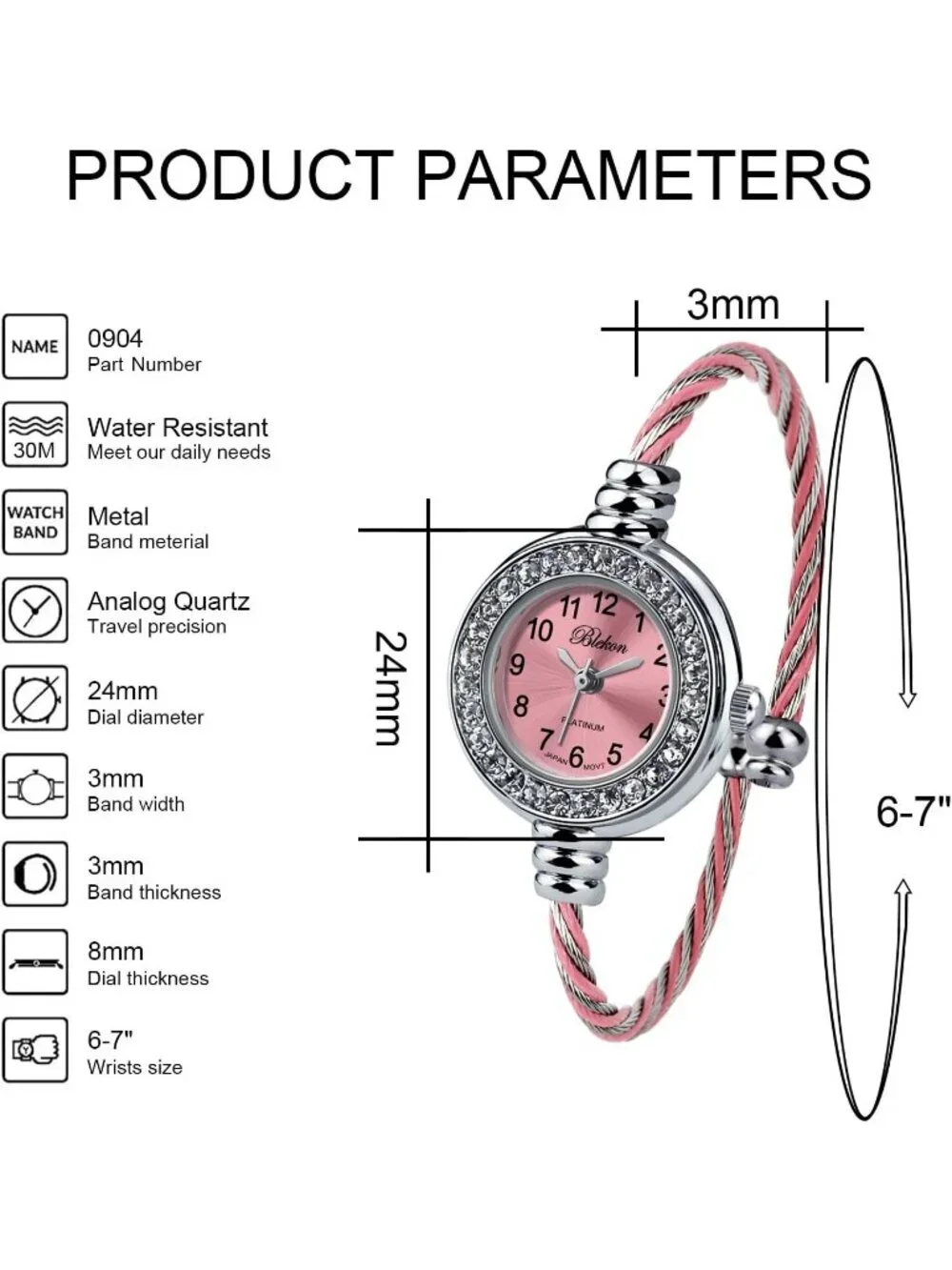 Women Silver And Pink Analog Cable Cuff Arabic Numbers Rhinestone Bracelet Watch